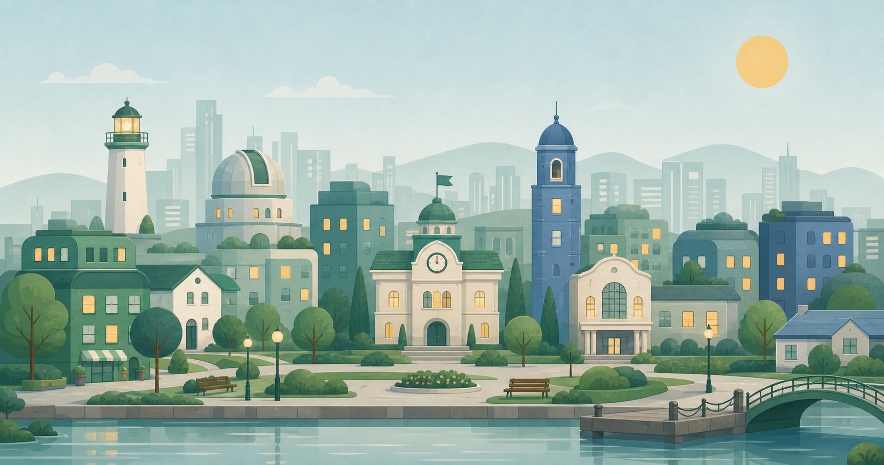 A layered Planscope city with plan buildings, trees and milestone landmarks including a lighthouse, observatory and town hall.